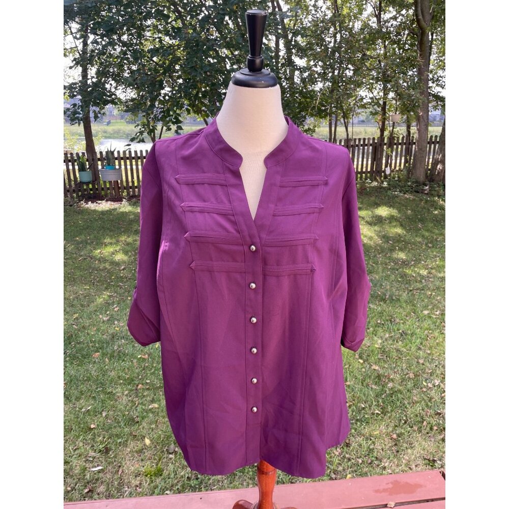 Stretch Womens Blouse 18/20 Purple Polyester/Spandex Button-Front Cathy Che Plus